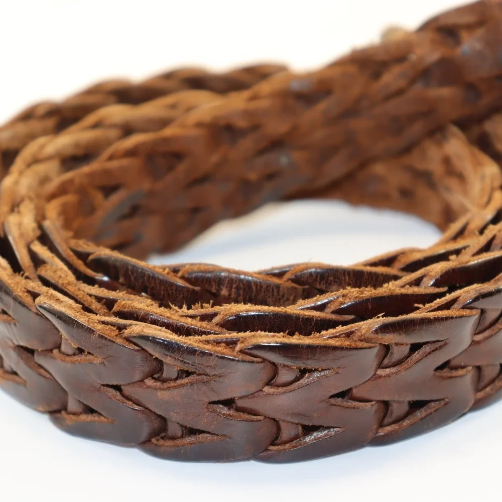 Unbranded Braided Leather Belt Mens 48 Brown‎ Woven Brass Buckle Western Vintage